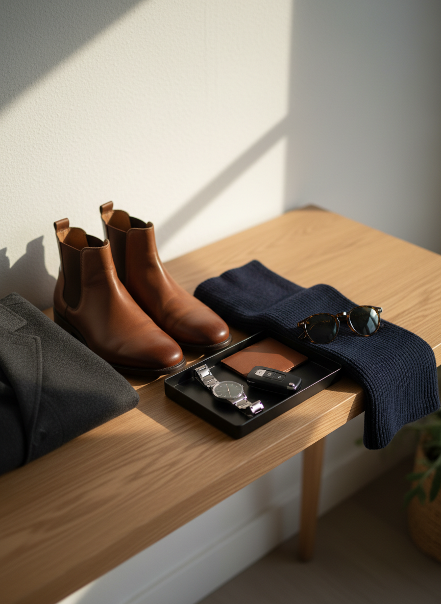 A minimalist entryway console styled with a men’s daily carry layout: a structured charcoal wool overcoat neatly folded at one end, a pair of well-maintained brown leather Chelsea boots with subtle creasing, a matte black metal valet tray holding a slim stainless-steel watch, a simple leather cardholder, and a single car key fob. A folded navy knit scarf and dark tortoiseshell sunglasses complete the arrangement. The console surface is smooth oak with visible grain, set against a soft white wall. Late afternoon natural light from an unseen side window casts long, refined shadows and gentle highlights on the leather surfaces. Photographed from a slightly elevated angle with shallow depth of field, the foreground in crisp focus and the background softly blurred, creating a calm, aspirational, photographic realism that reflects intentional, grown-up men’s style.