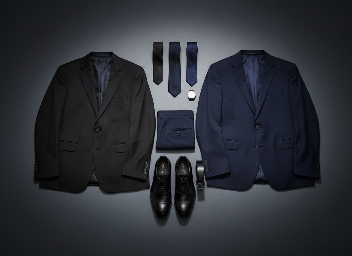 A high-end, photographic banner image featuring a black and navy executive suit laid out with accessories like polished black leather shoes, silk ties, belts, and a watch. Clean, sharp lighting with strong black and navy contrast, minimal background, monochromatic and sophisticated.